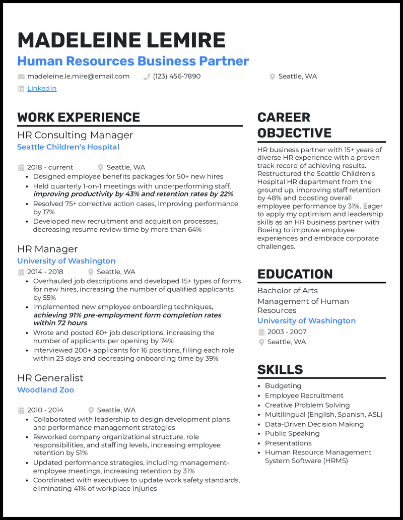 Human resources business partner resume example with 7+ years experience