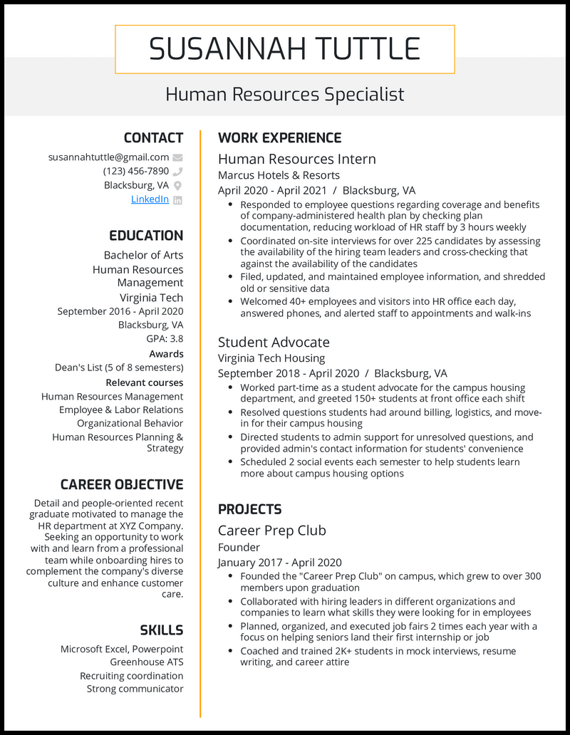 Human resources college graduate resume example