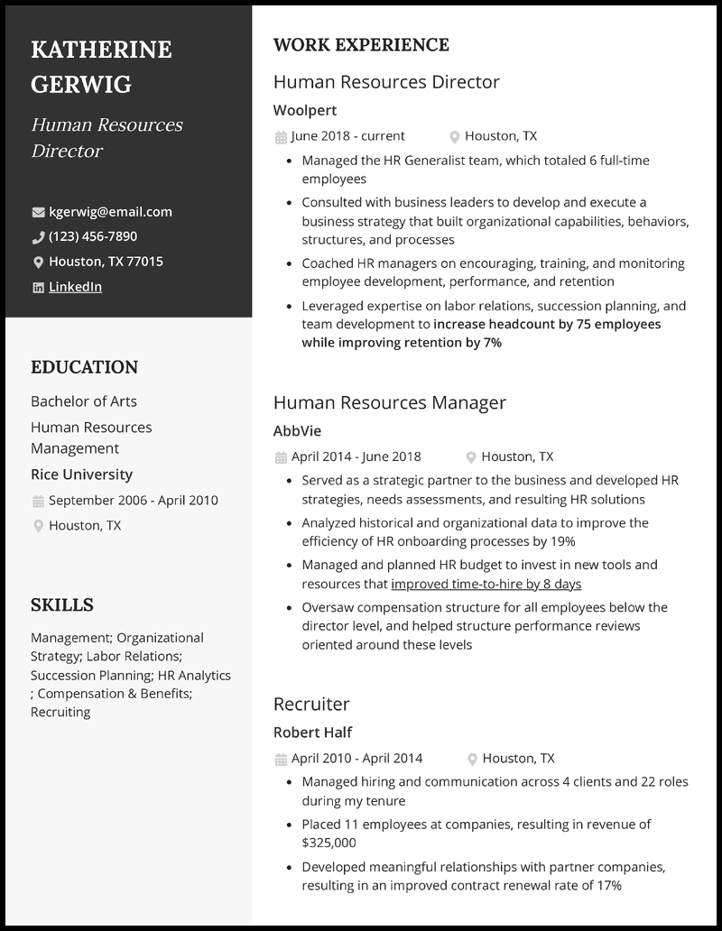 Modern human resources director resume example with 5+ years experience