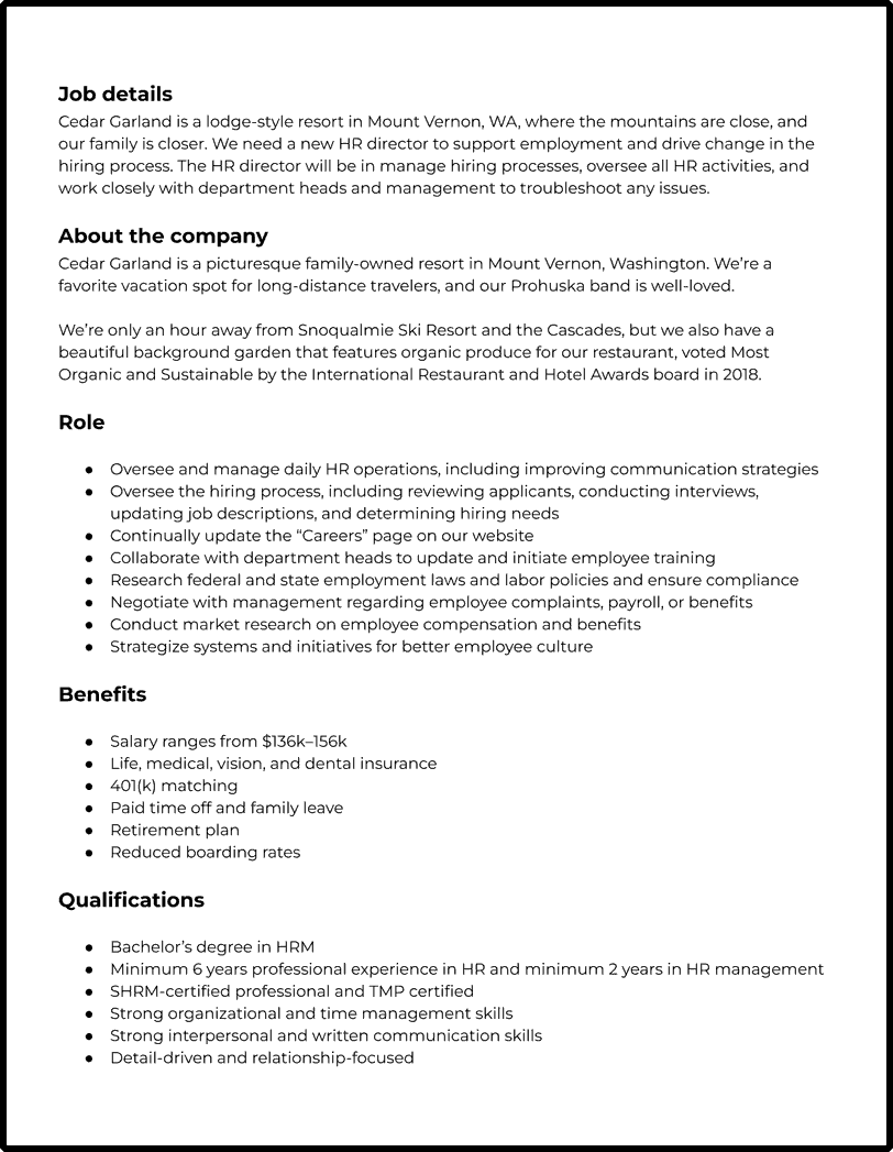 Job Description For Human Resources Director