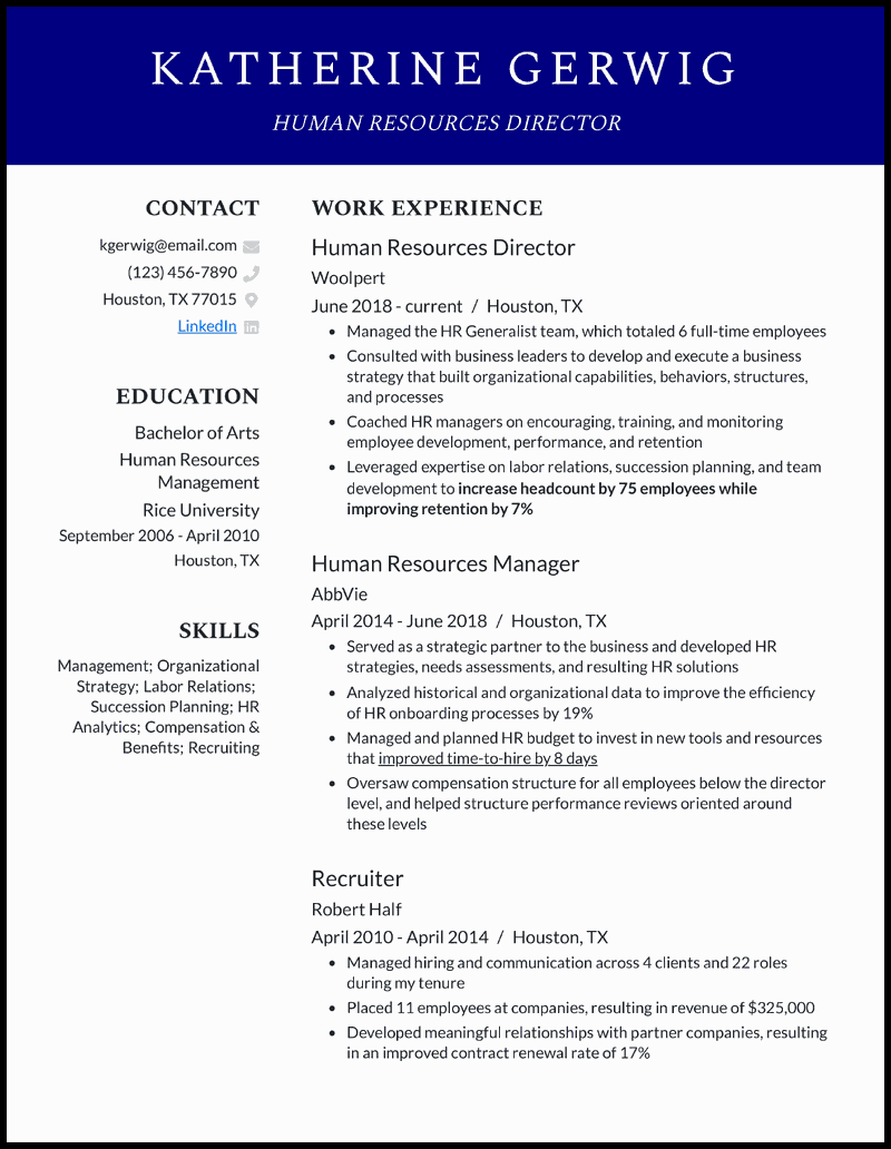 Professional human resources director resume example with 5+ years experience