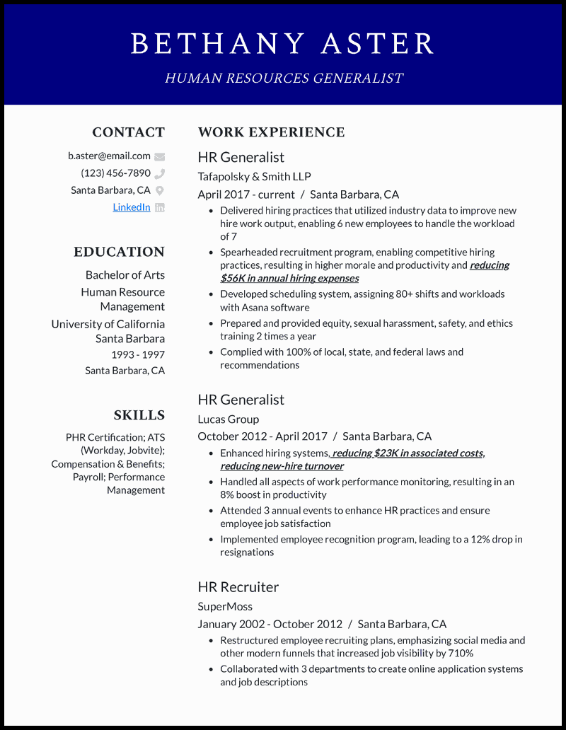 Elegant human resources generalist resume example with 5+ years experience