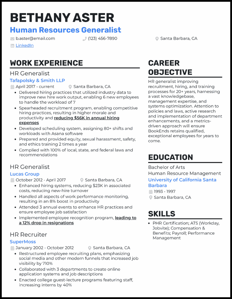 resume sample for hr generalist