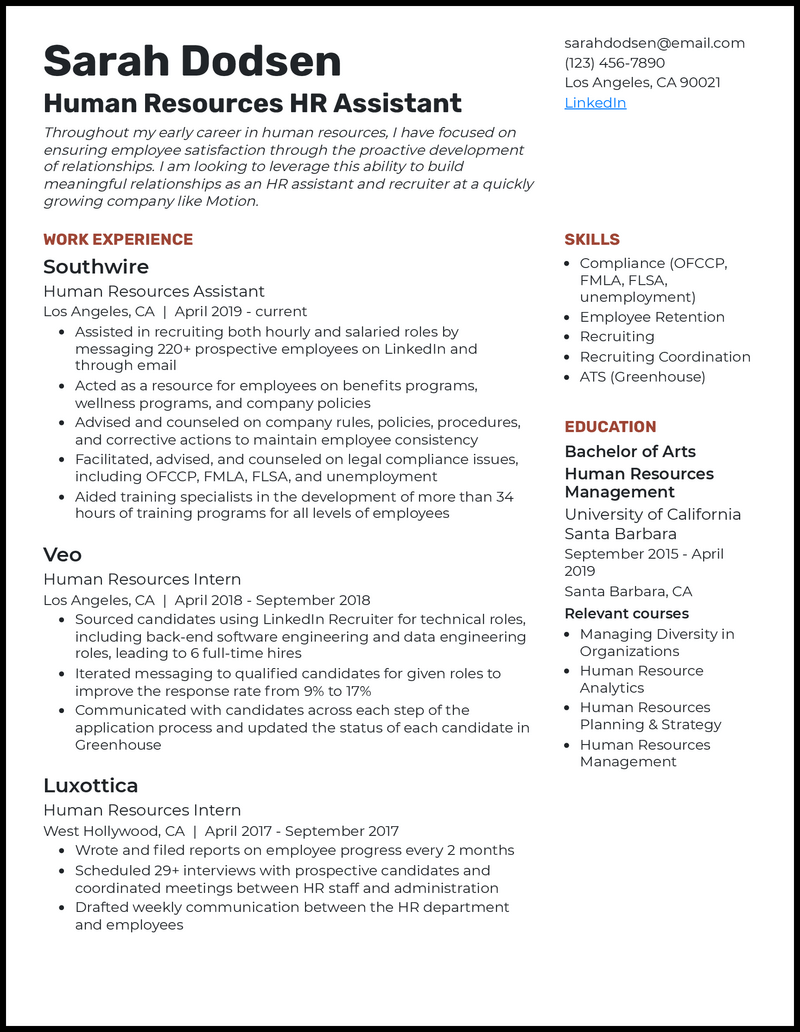 hr description for resume