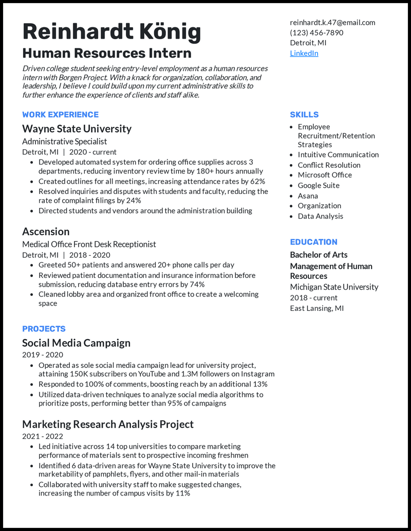 Human resources intern resume example with 5 years of experience