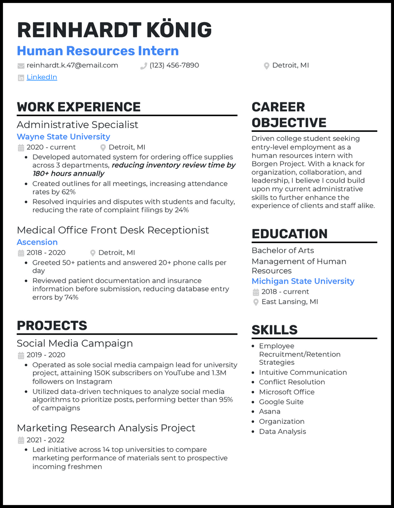 Clean human resources intern resume example with no experience