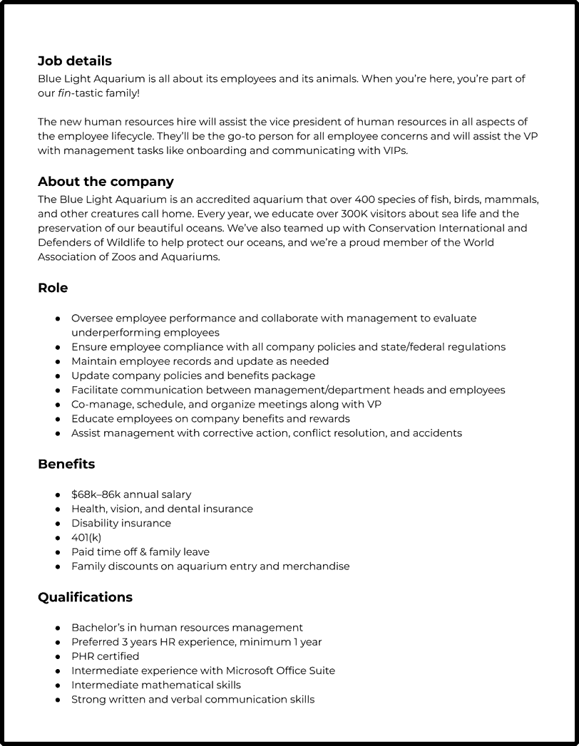 Human Resources Job Description Template