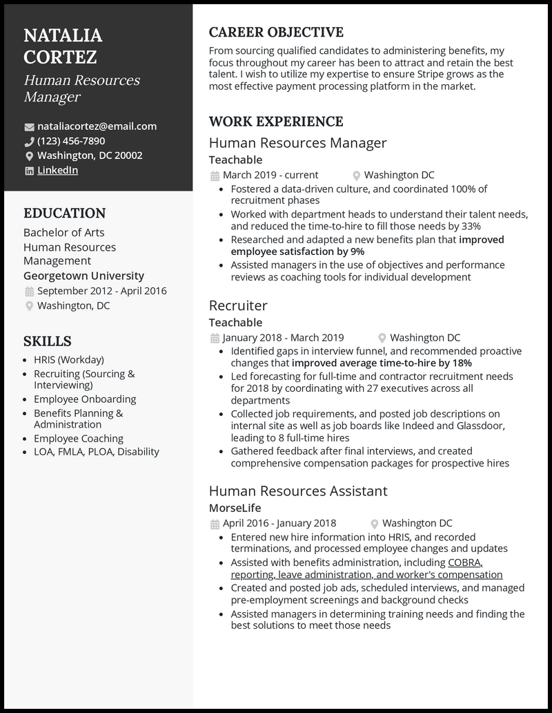 Human resources manager resume example with 8+ years experience