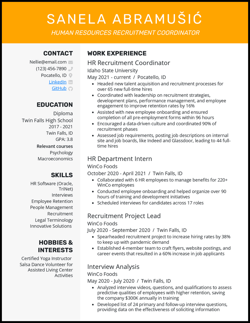 Human resources recruitment coordinator resume example with 2 years of experience