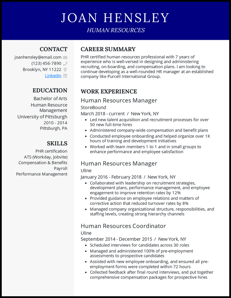 resume samples for hr manager