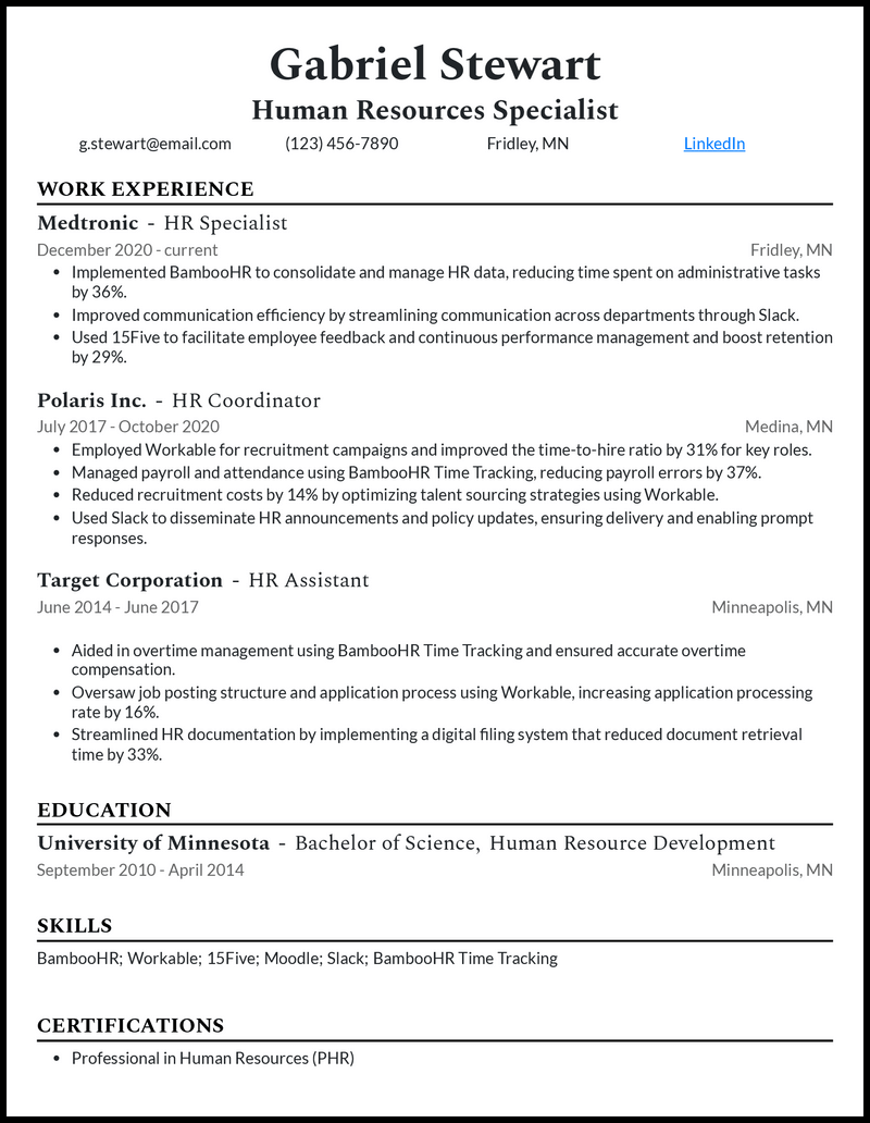 Clean human resources specialist resume example with 8+ years experience