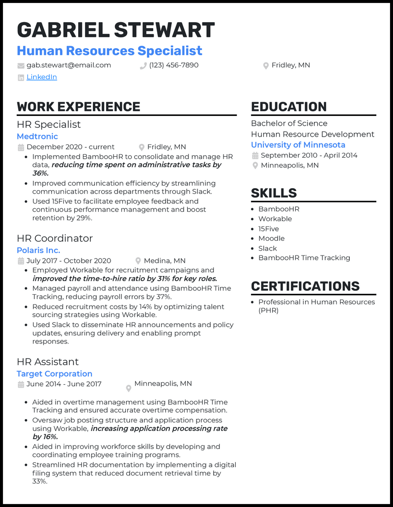 Human resources specialist resume example with 8+ years experience