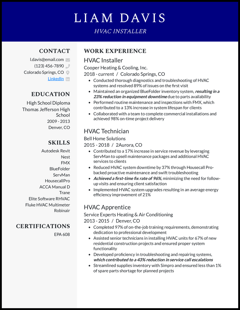 HVAC Installer resume example with 10 years experience