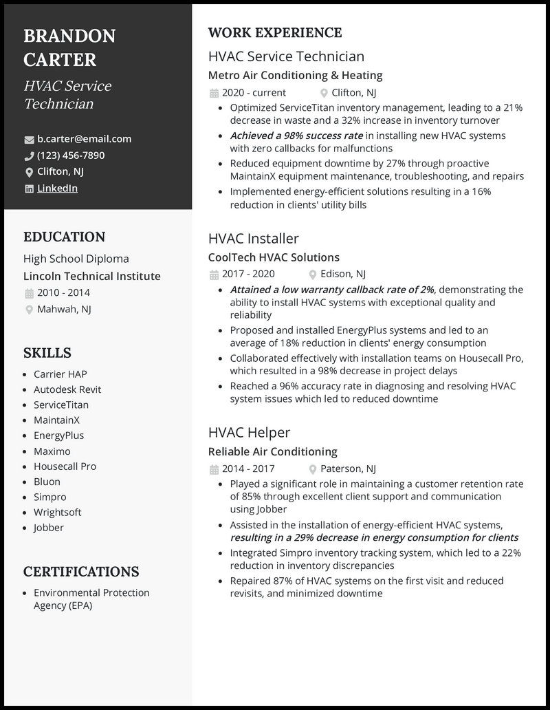 HVAC resume example with 9 years of experience