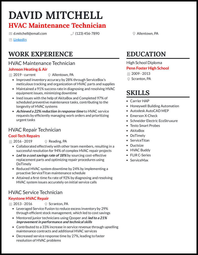 HVAC Technician resume example with 10 years of experience