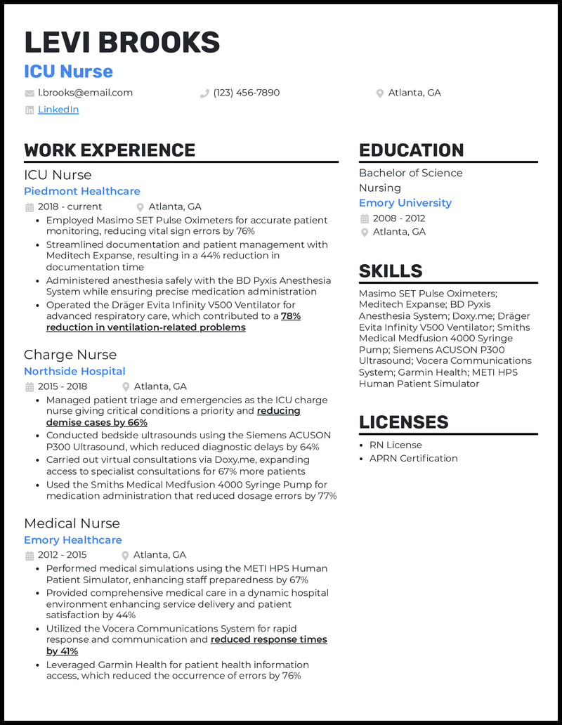 ICU Nurse 4 resume example with 11 years of experience