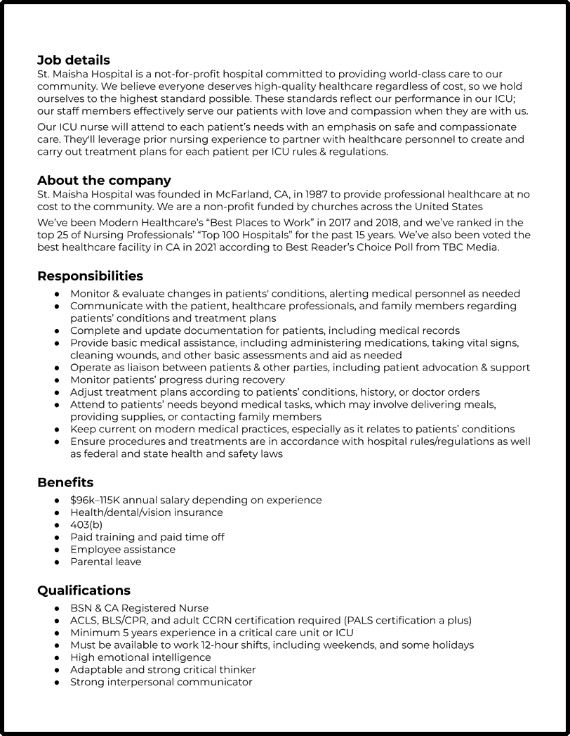 ICU Nurse Job Description Template