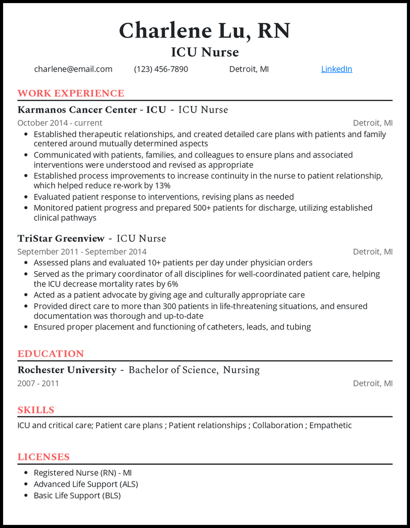 Icu nurse resume example with 10+ years of experience