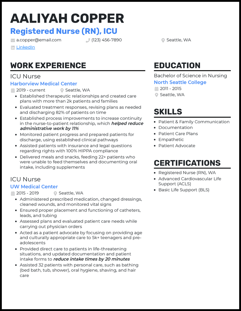 Clean icu rn resume example with 4+ years experience