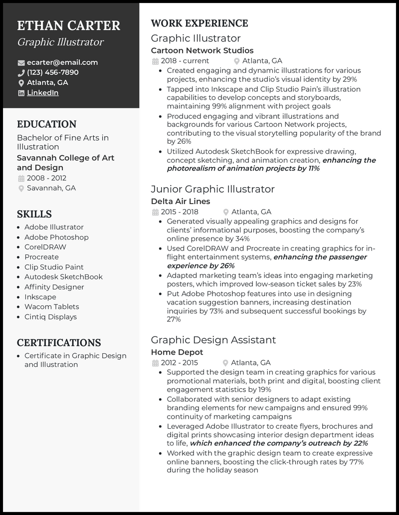 Illustrator resume example with 8+ years experience