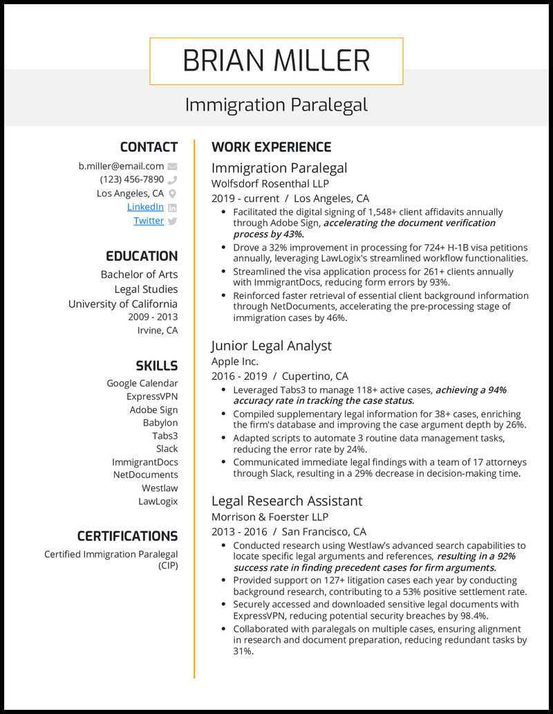 5 Immigration Paralegal Resume Examples Templates Edit Free   Immigration Paralegal 3 Resume Example 