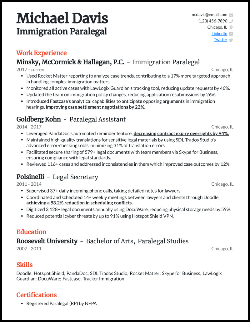 Immigration paralegal 5 resume example over 10 years of experience