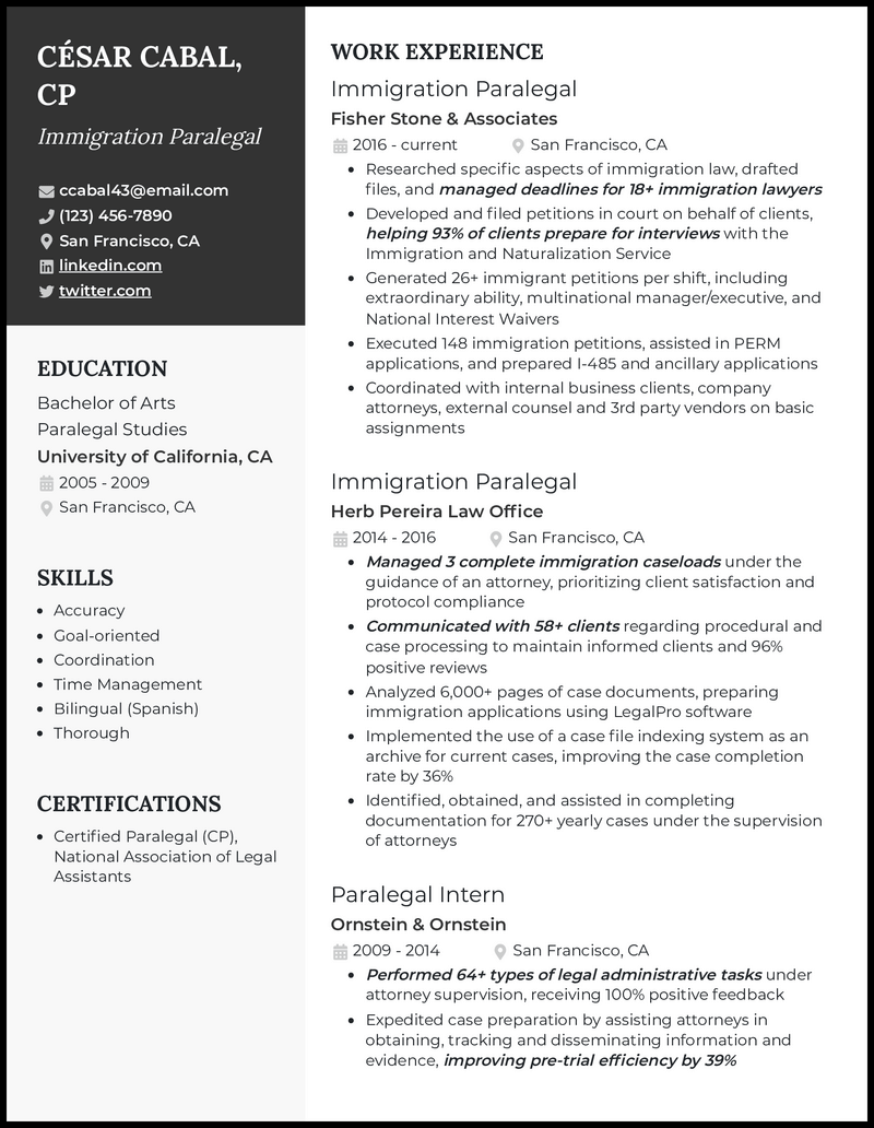 Immigration paralegal resume example with 10+ years' experience