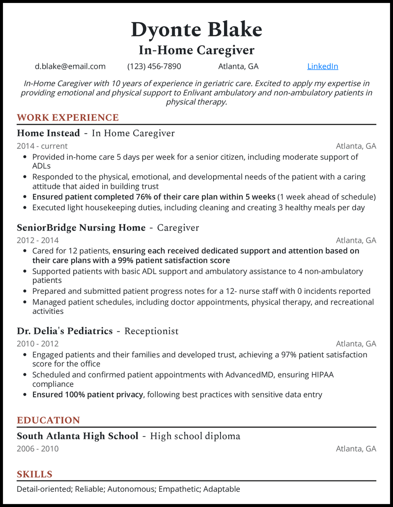 In-home caregiver resume example with 11 years of experience