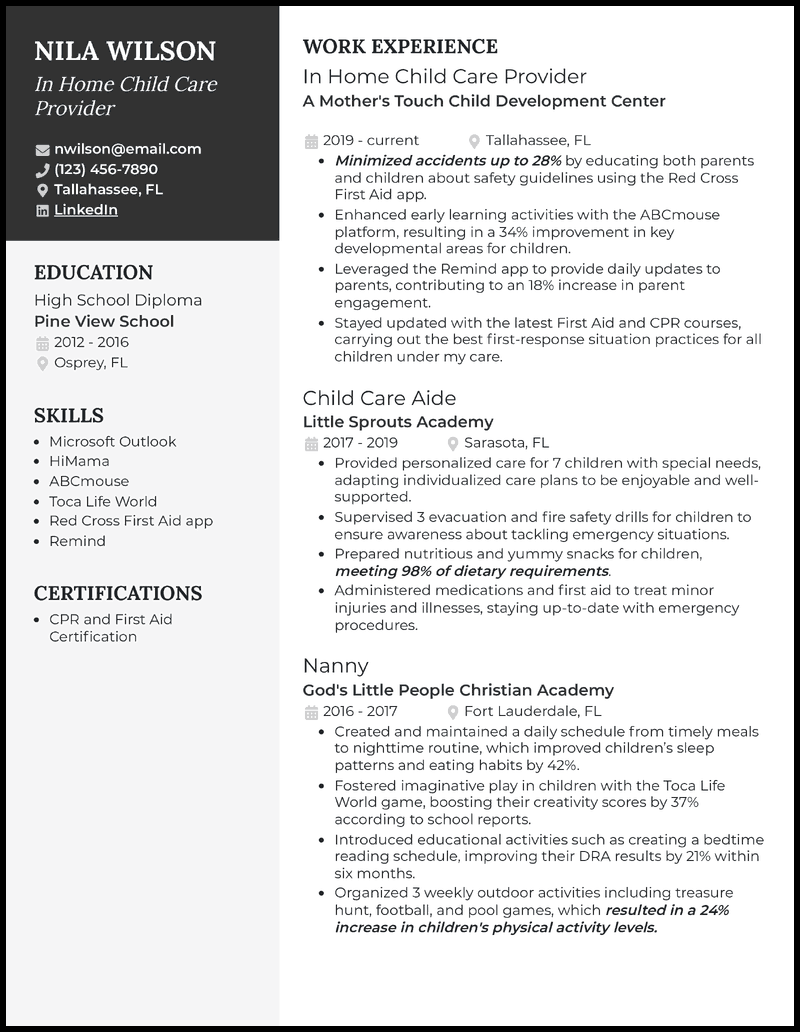 In home child care provider resume example with 7 years of experience