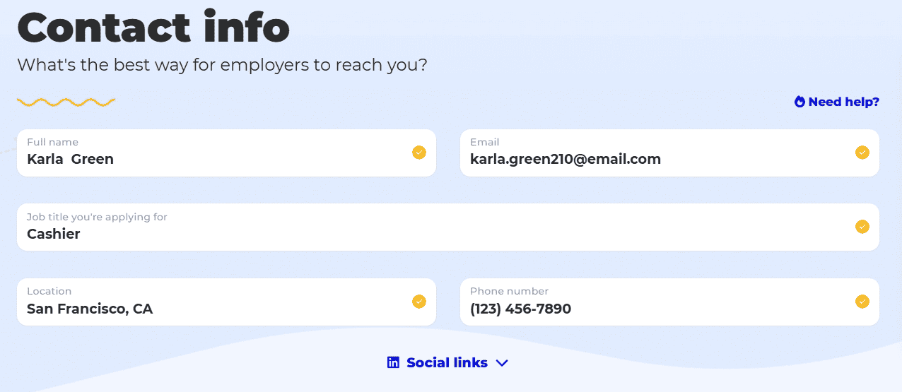 BeamJobs’ cashier resume builder contact info section