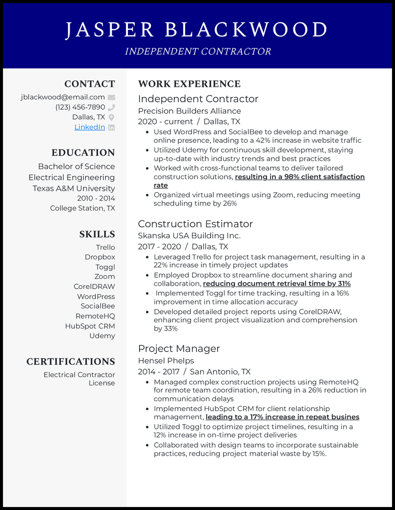 Independent contractor resume example with 6 years of experience