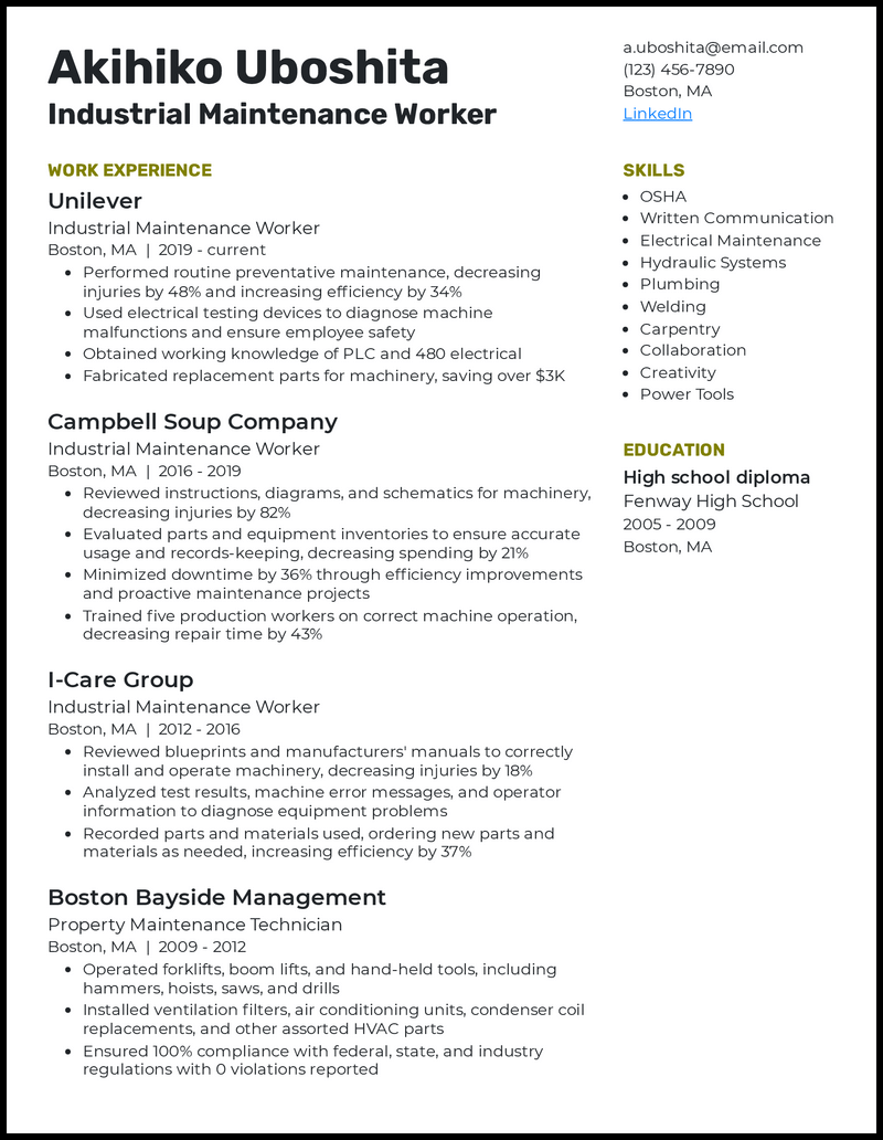 Industrial maintenance worker resume example with 10+ years of experience 