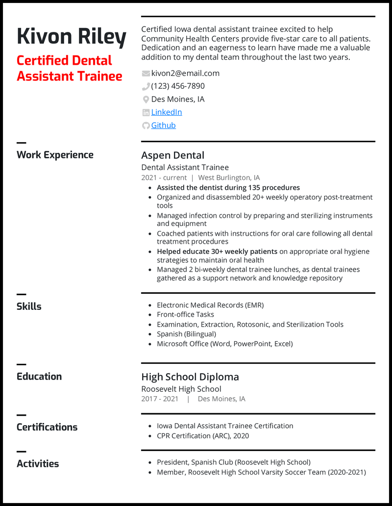 dental assistant resume template