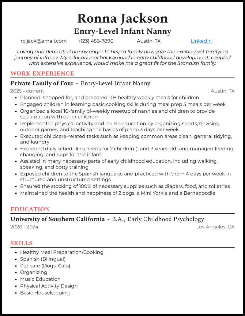 sample resume of nanny in canada