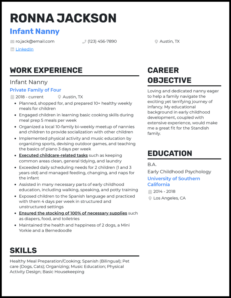 Infant nanny resume example with 4+ years experience