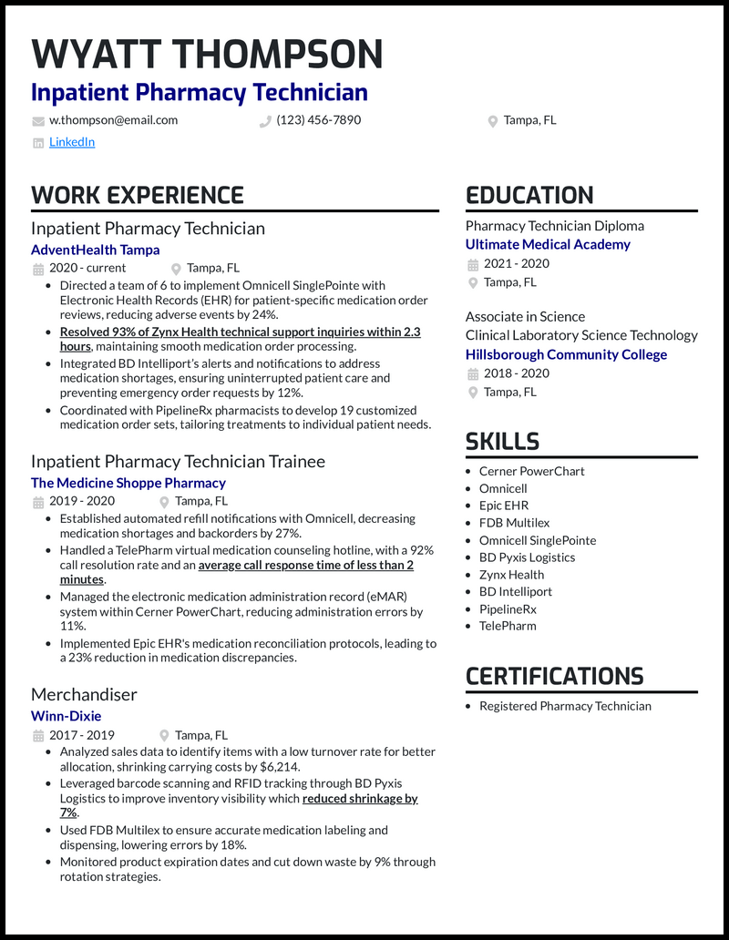 15 Pharmacy Technician Resume Examples - Inpatient Pharmacy Technician Royal Blue Resume Example 