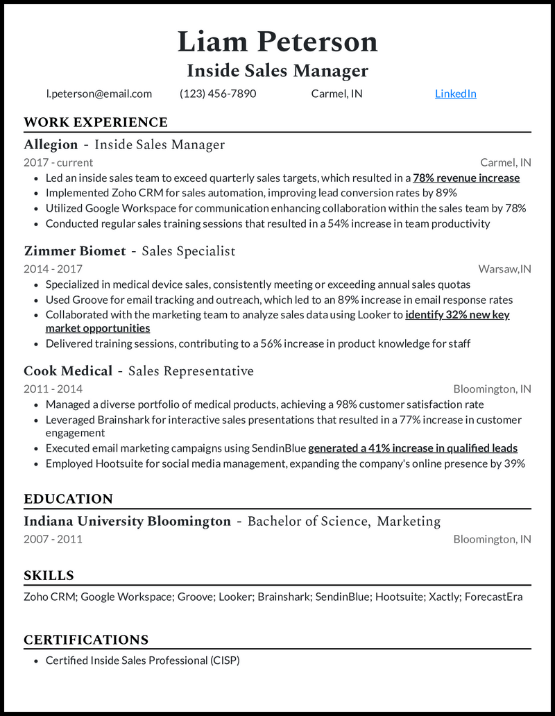 Inside sales manager resume example with 12 years of experience