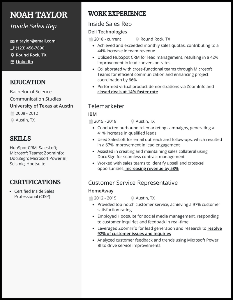 Inside sales rep resume example with 11 years of experience