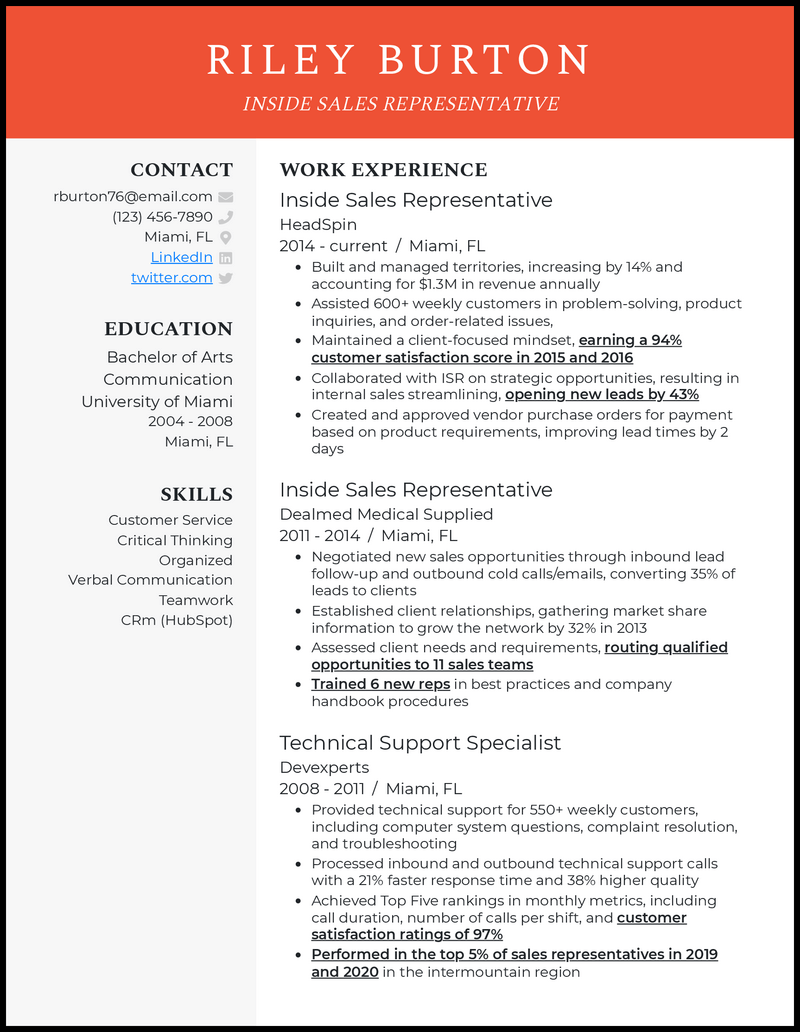 3 Inside Sales Representative Resume Examples For 2024 Inside Sales ...