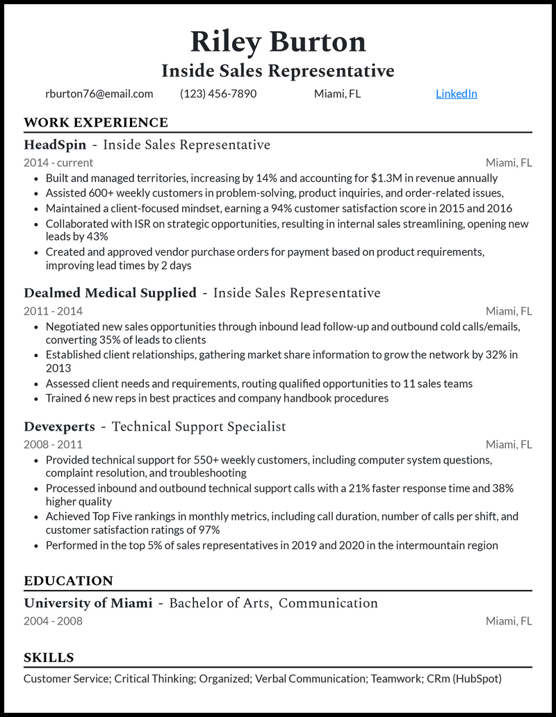 3 Inside Sales Representative Resume Examples For 2024 Inside Sales ...