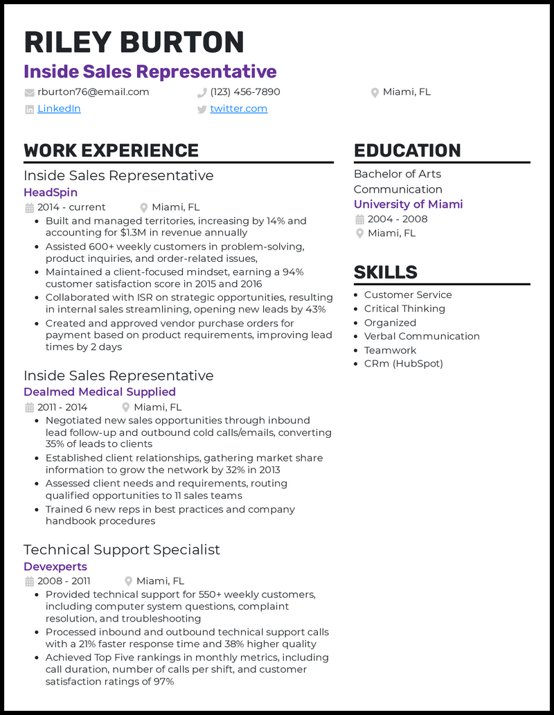 Inside sales representative resume example with 11+ years of experience 