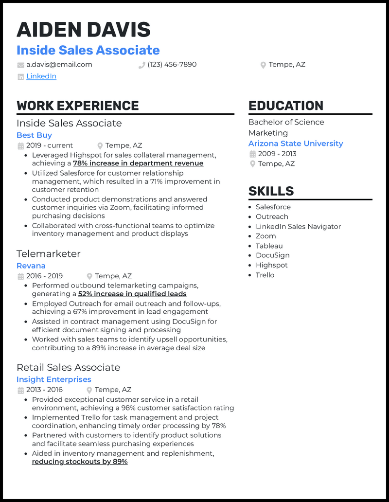 Inside sales resume example with 10 years experience