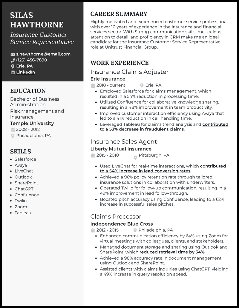 Elegant resume template for insurance customer service representative