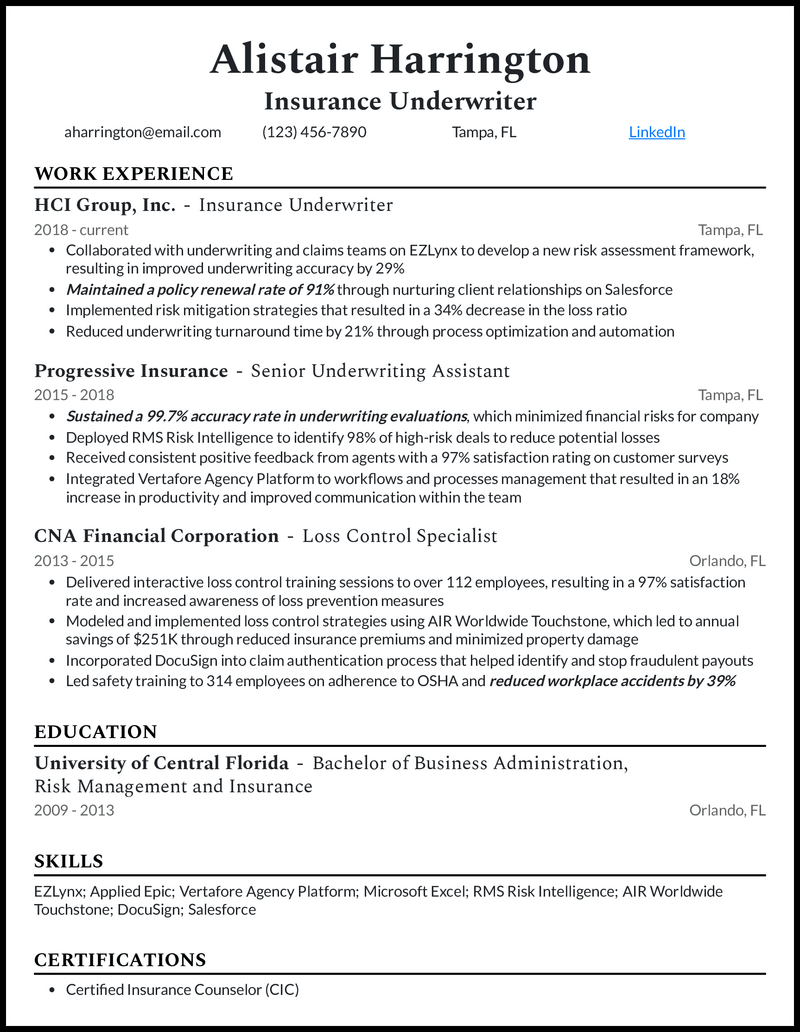 Insurance underwriter resume example with 10 years of experience