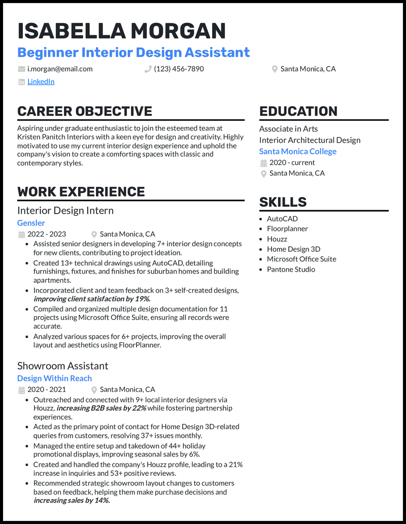 Interior design no experience resume example with intern experience