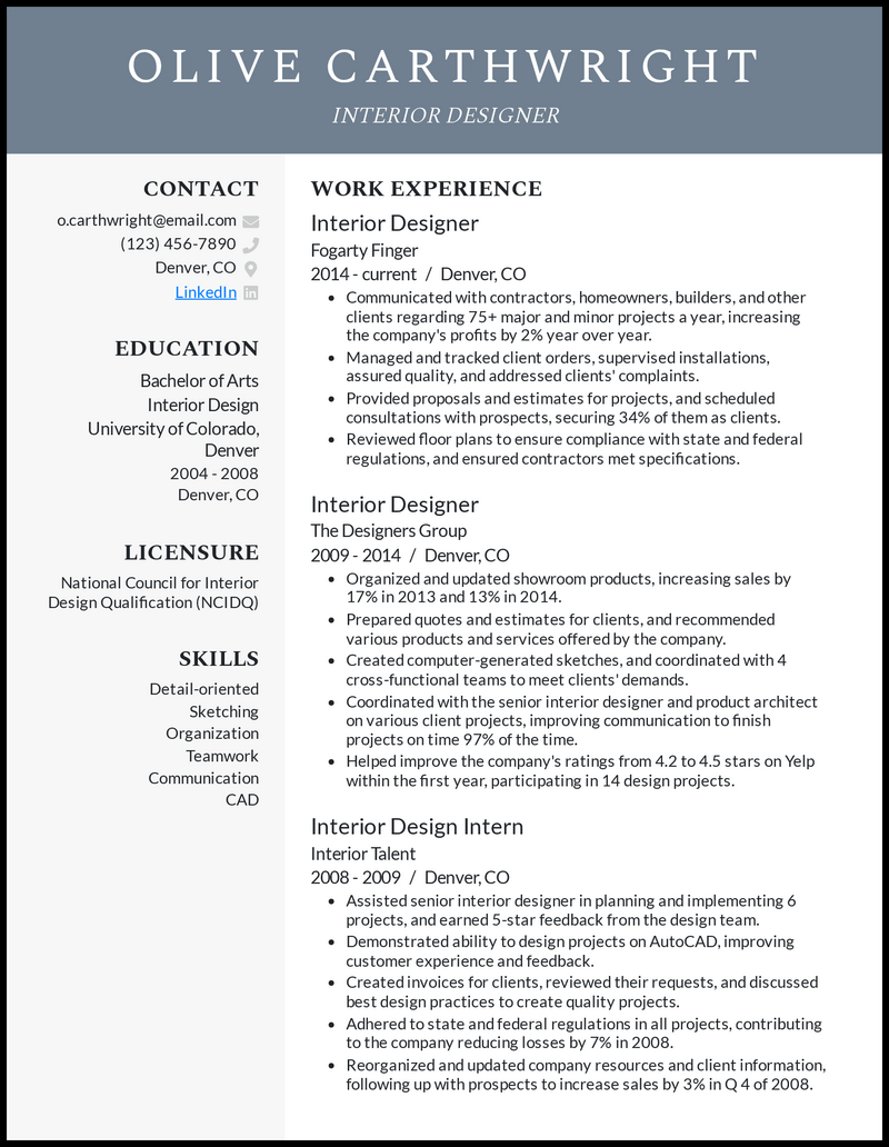 Interior design resume example with 13 years of experience