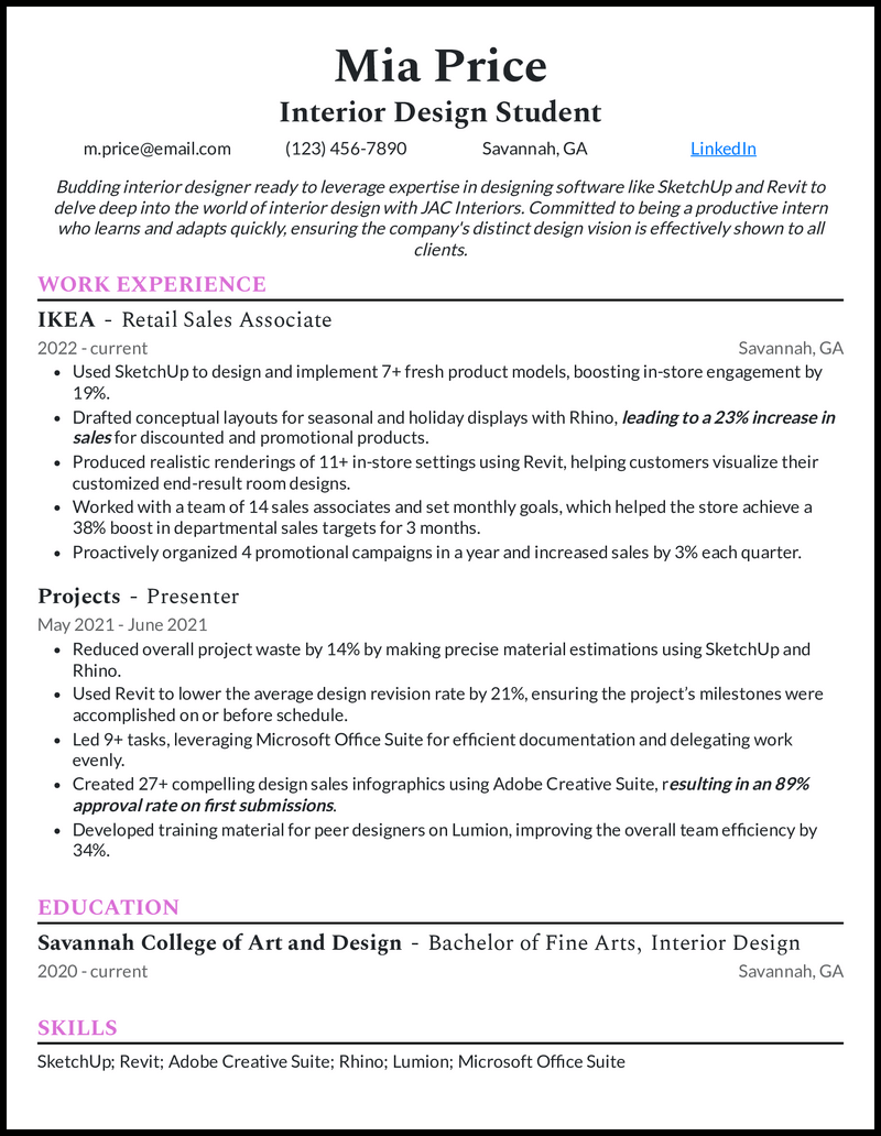 7 Interior Design Resume Examples - Interior Design Student Orchid Resume Example 