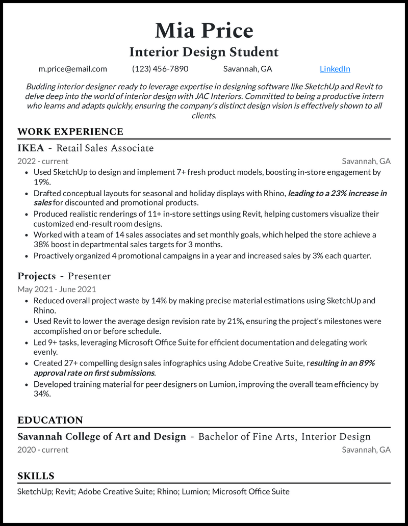 Interior Design Student Resume Example 