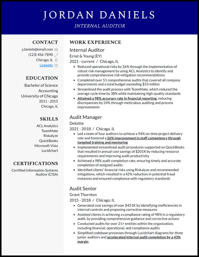 Internal auditor resume example with 8 years of experience