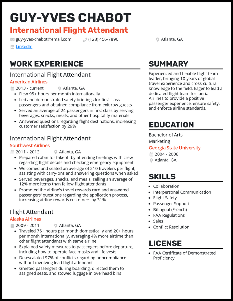 flight attendant resume language